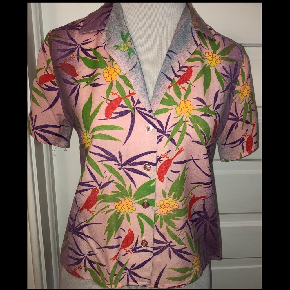 Vintage 80’s Tropical Print Short Sleeve Button Up Shirt, Sz M